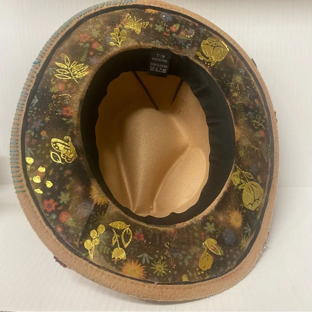 Women's Tan Felt Fedora Hat with Rose Embroidery - Picture 3 of 4